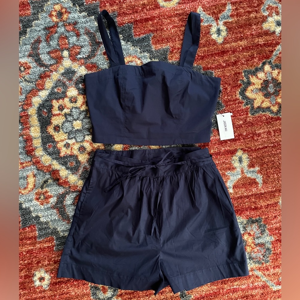 Jason Wu Womens Cropped Square Neck Tank Loose Cotton Navy Shorts Set Size L